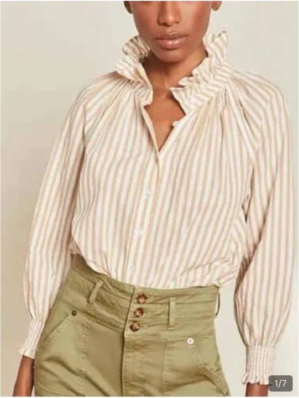 Veronica Beard Beige and White Striped Cotton Button-Down Shirt seersucker